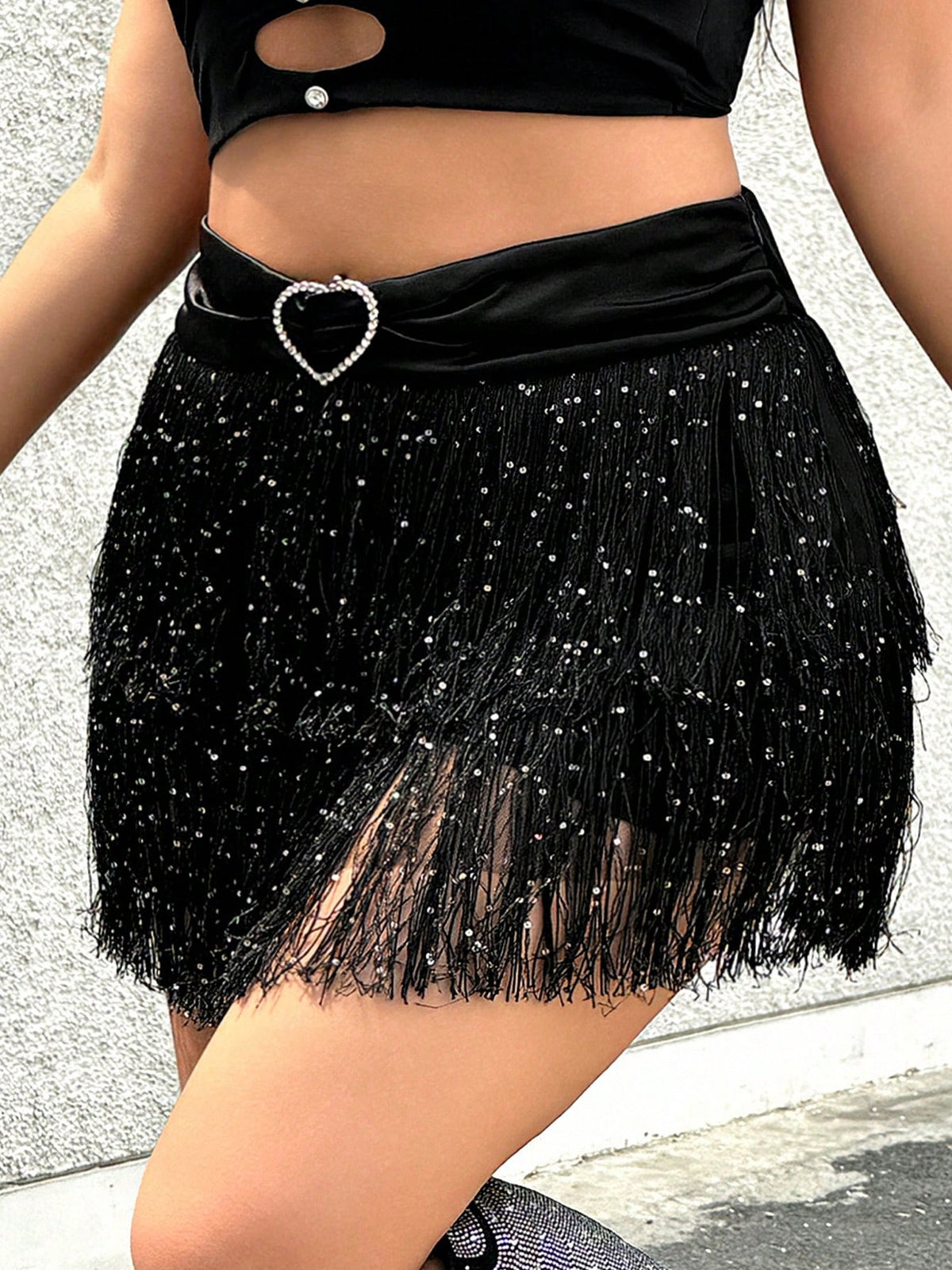 ICON Plus Size Fashion Fringe Sequin Skirt For Club & Music Festival