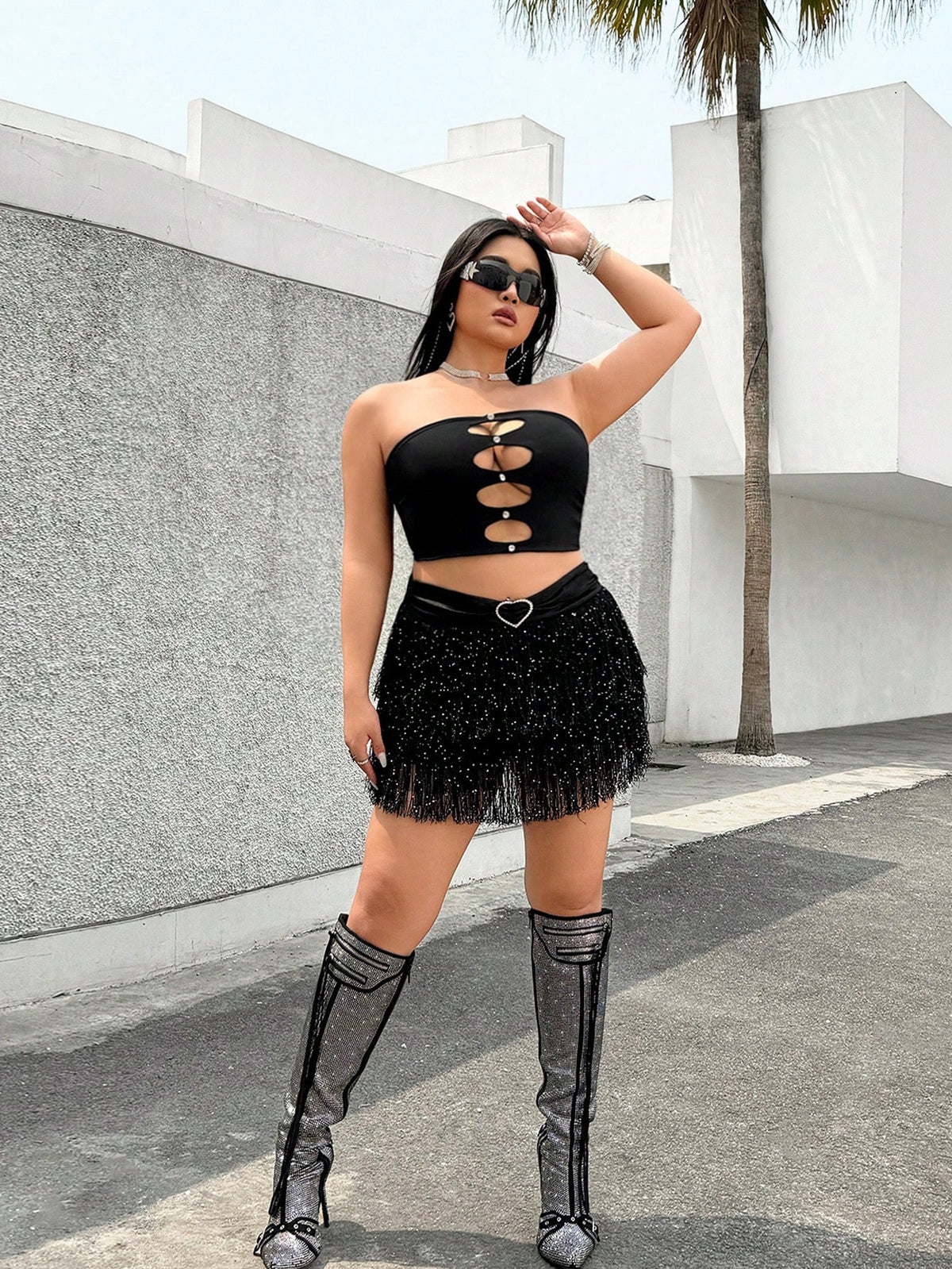 ICON Plus Size Fashion Fringe Sequin Skirt For Club & Music Festival