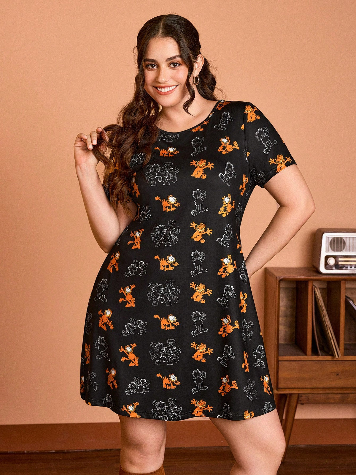 GARFIELD X  Plus Size Casual And Fashionable  Printed Summer T-Shirt Dress , Elastic Knit Fabric, For Women