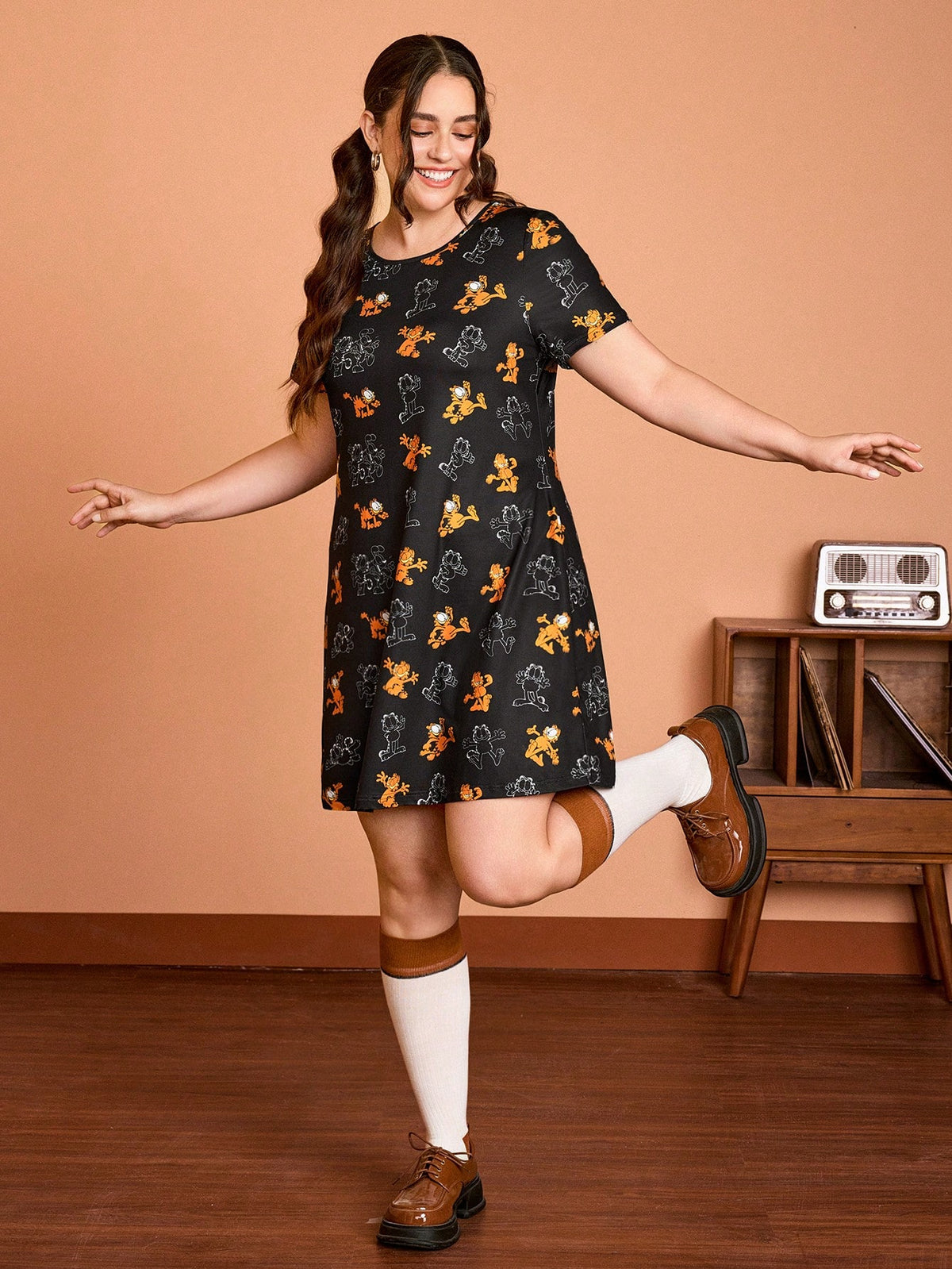 GARFIELD X  Plus Size Casual And Fashionable  Printed Summer T-Shirt Dress , Elastic Knit Fabric, For Women