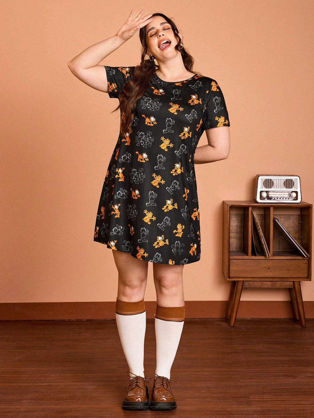 GARFIELD X  Plus Size Casual And Fashionable  Printed Summer T-Shirt Dress , Elastic Knit Fabric, For Women