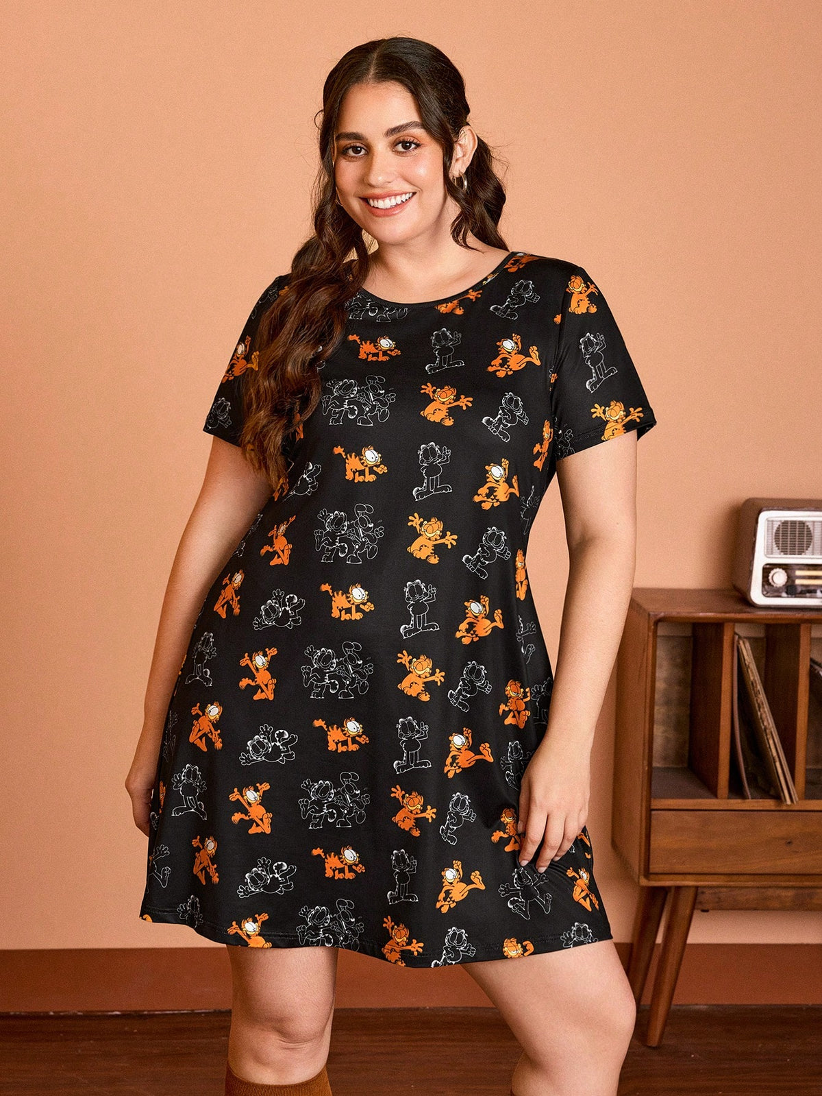 GARFIELD X  Plus Size Casual And Fashionable  Printed Summer T-Shirt Dress , Elastic Knit Fabric, For Women