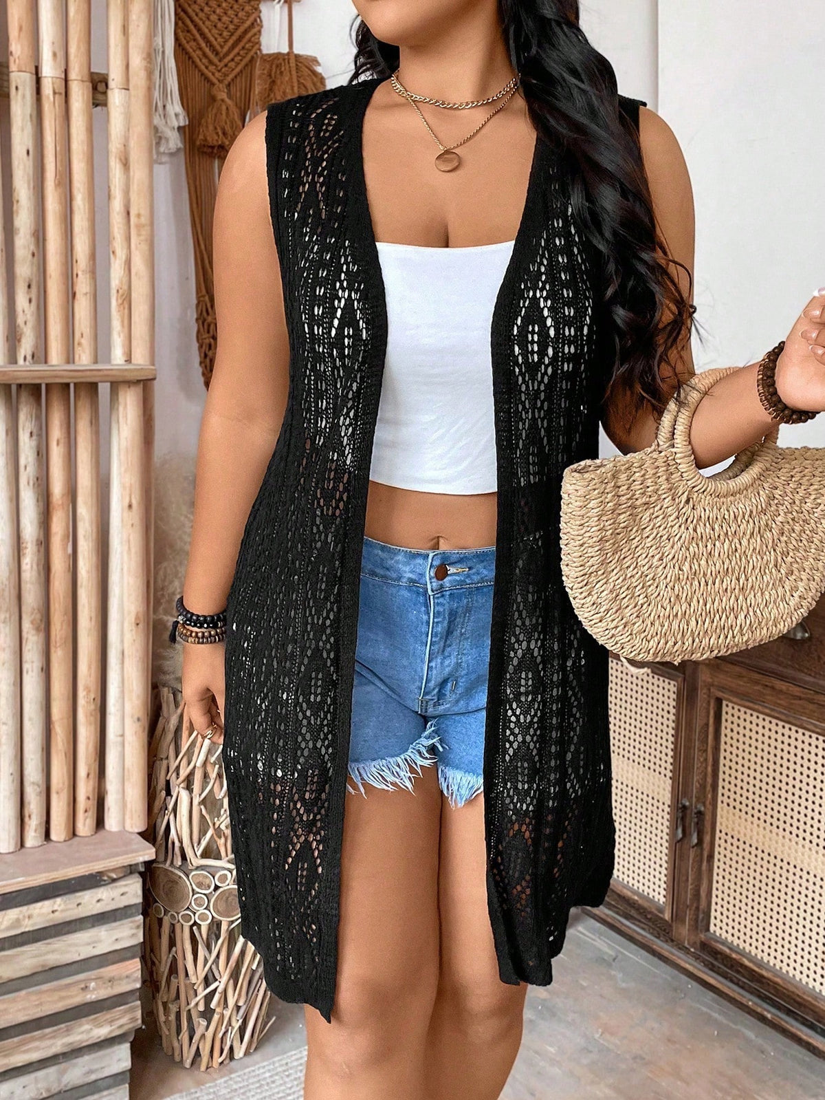 CURVE  Plus Size Casual Long Solid Color Knitted Sleeveless Cardigan