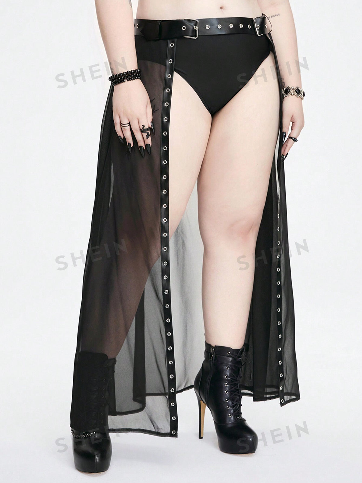 ROMWE Goth Adjustable Gothic Waist Belt With Eyelet Jacquard Fabric Patchwork Skirt Overlay, Plus Size, Perfect For Layering
