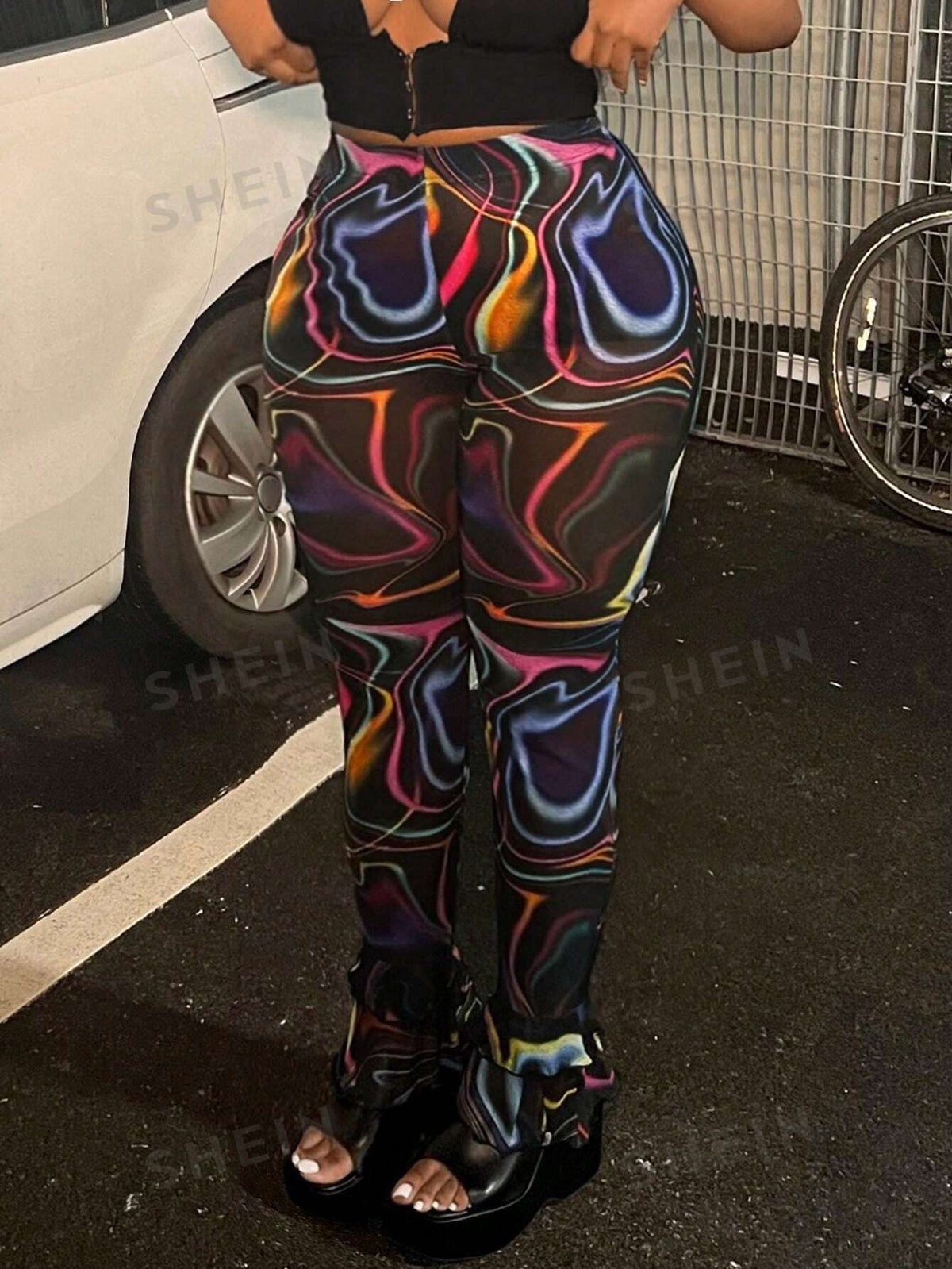 Slayr Streetwear Casual See-Through Rainbow Wave Striped Double-Layered Ruffle Trim Design Plus Size Women Skinny Pants