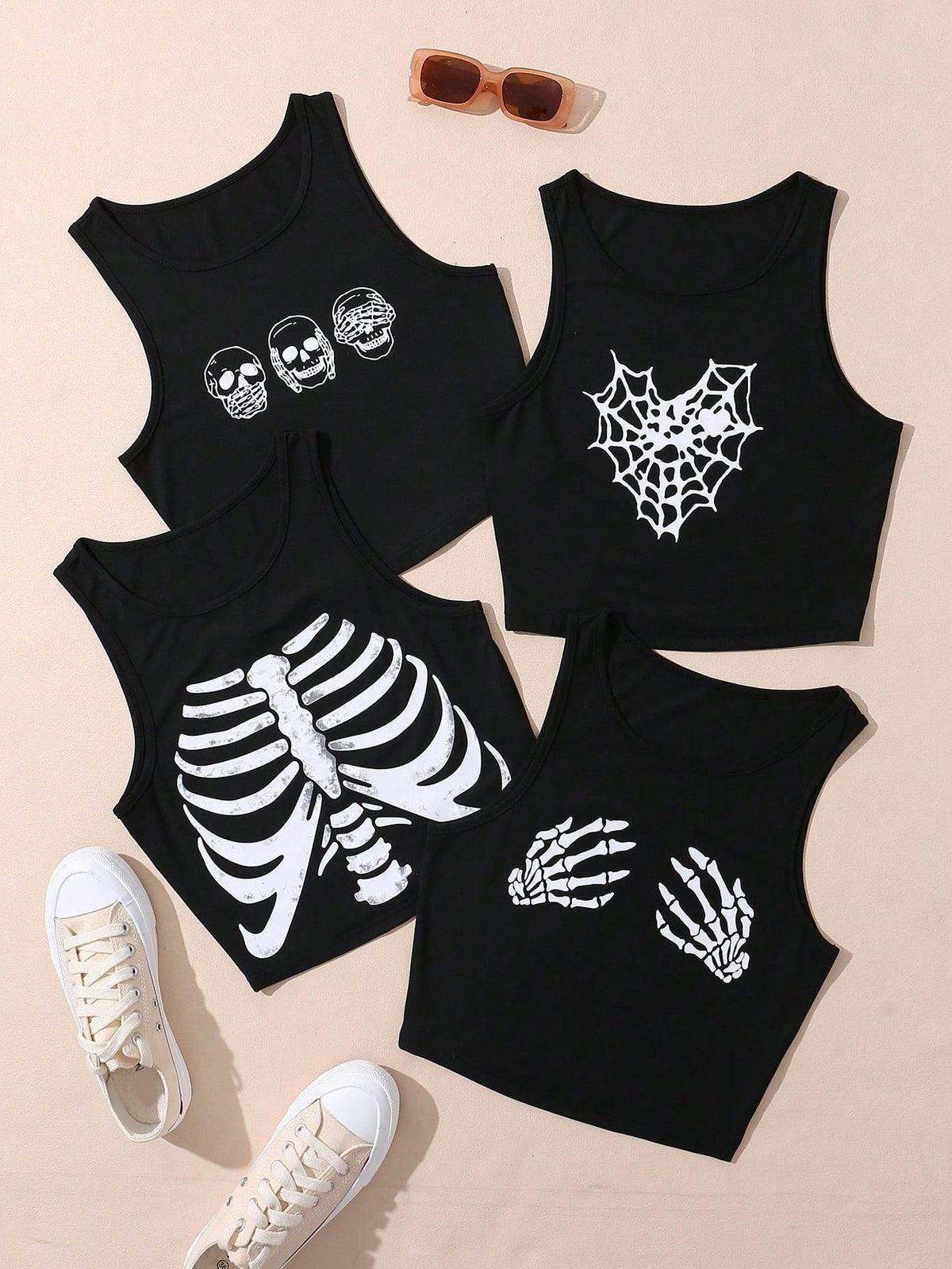 EZwear Plus Size Summer Fashion Halloween Rock Punk Skeleton Printed Crop Tank Top