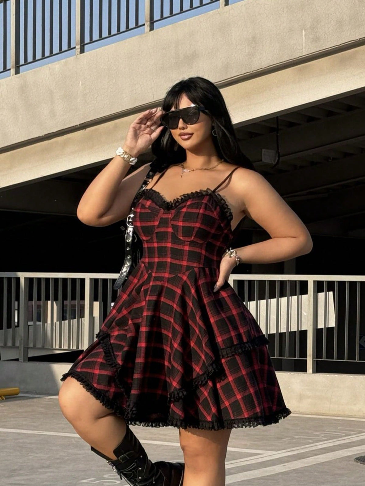 EZwear Plus Size Plaid With Lace Music Festival Style Summer Cami Dress