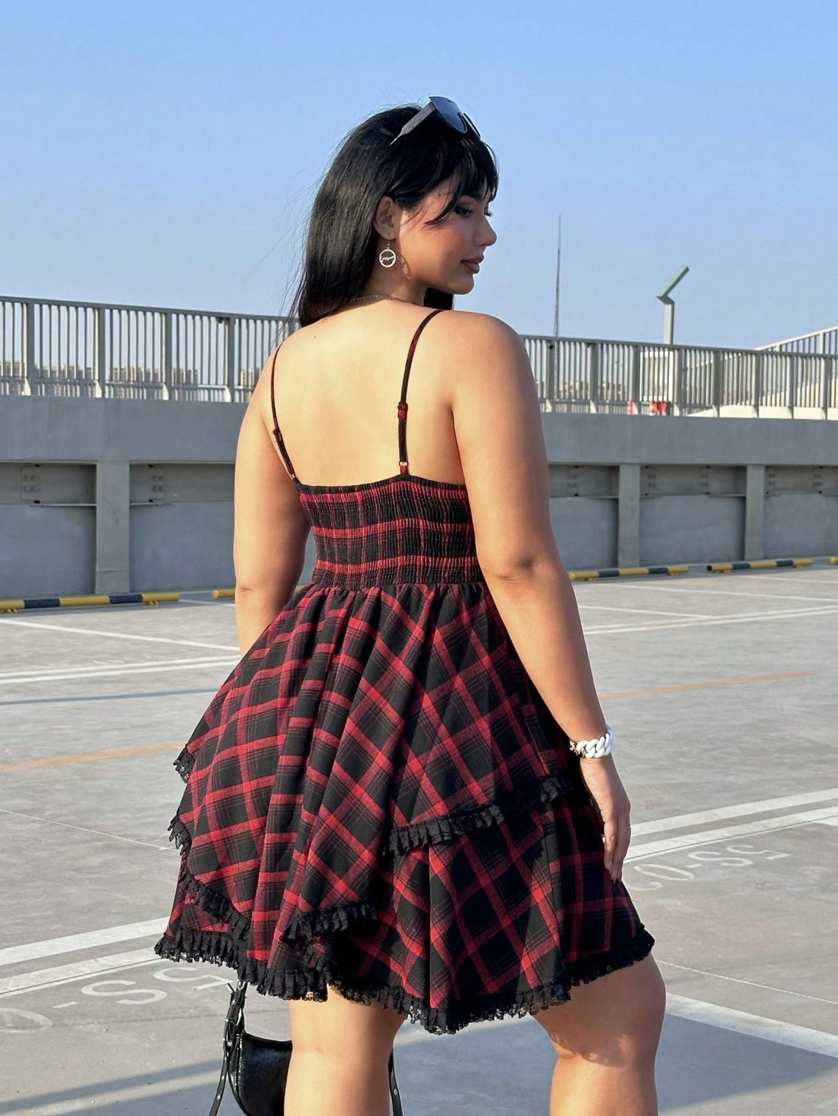 EZwear Plus Size Plaid With Lace Music Festival Style Summer Cami Dress