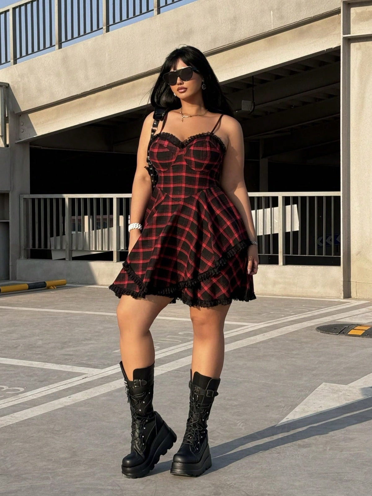 EZwear Plus Size Plaid With Lace Music Festival Style Summer Cami Dress