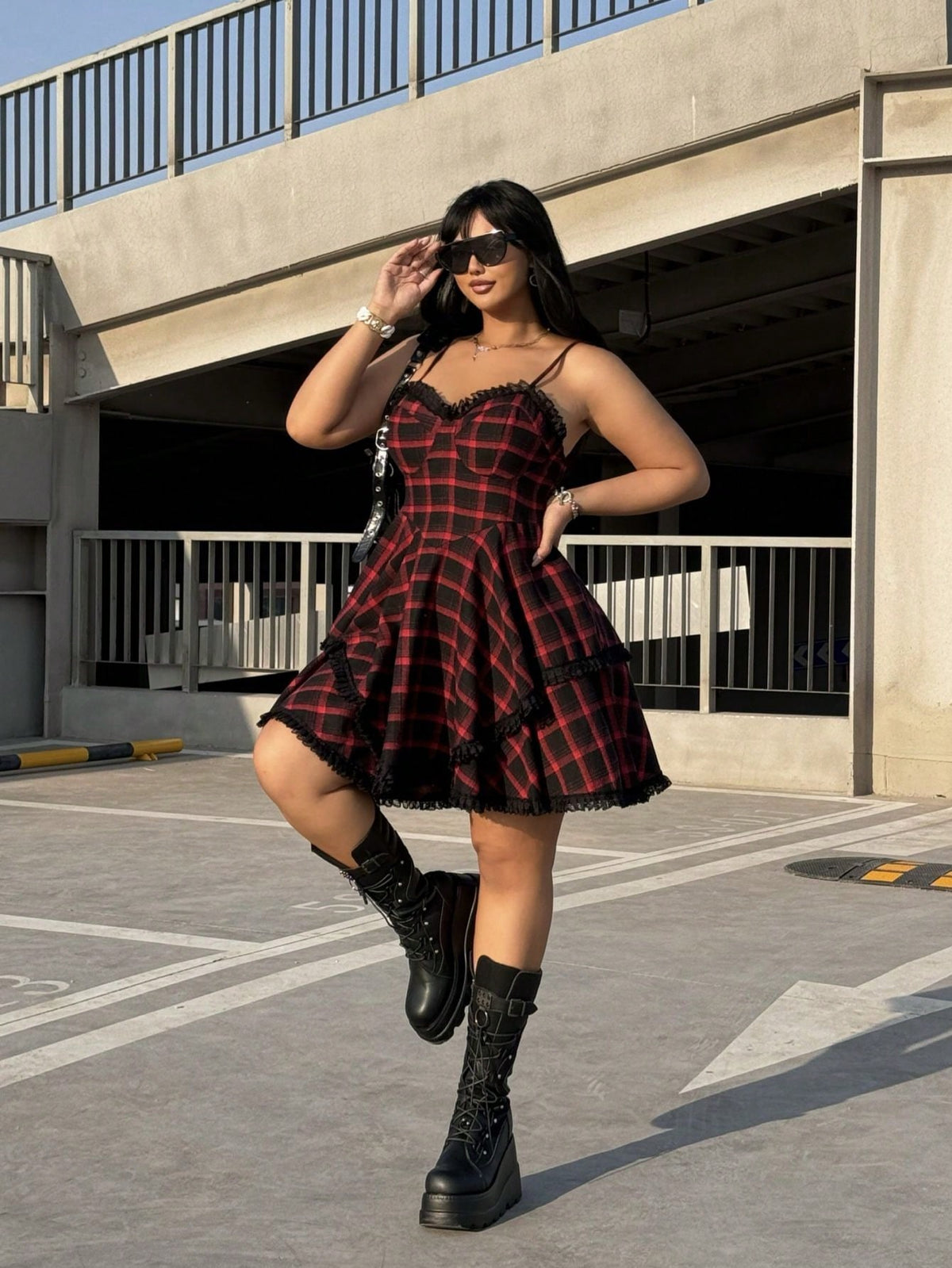 EZwear Plus Size Plaid With Lace Music Festival Style Summer Cami Dress