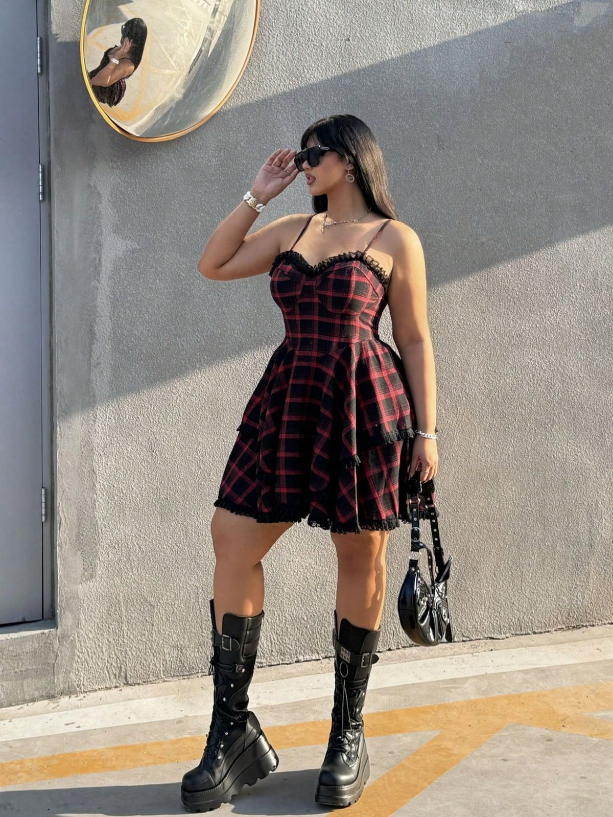 EZwear Plus Size Plaid With Lace Music Festival Style Summer Cami Dress