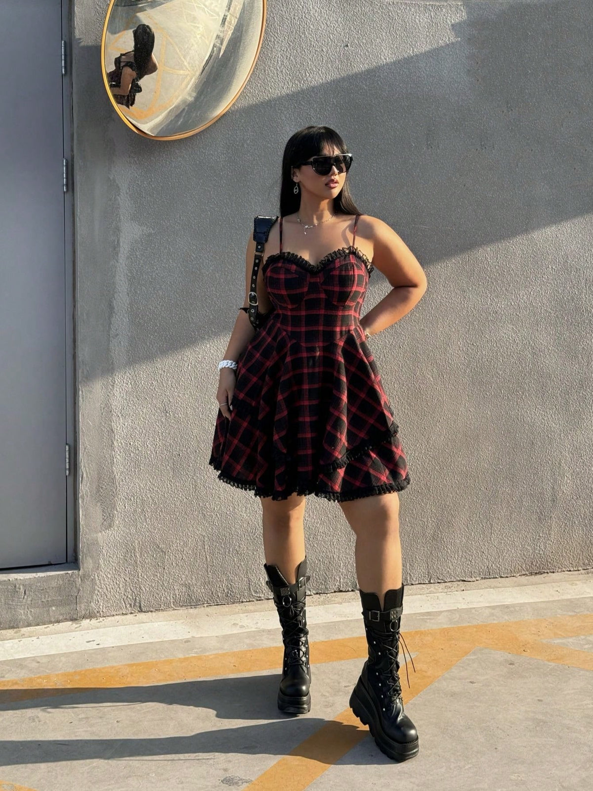 EZwear Plus Size Plaid With Lace Music Festival Style Summer Cami Dress