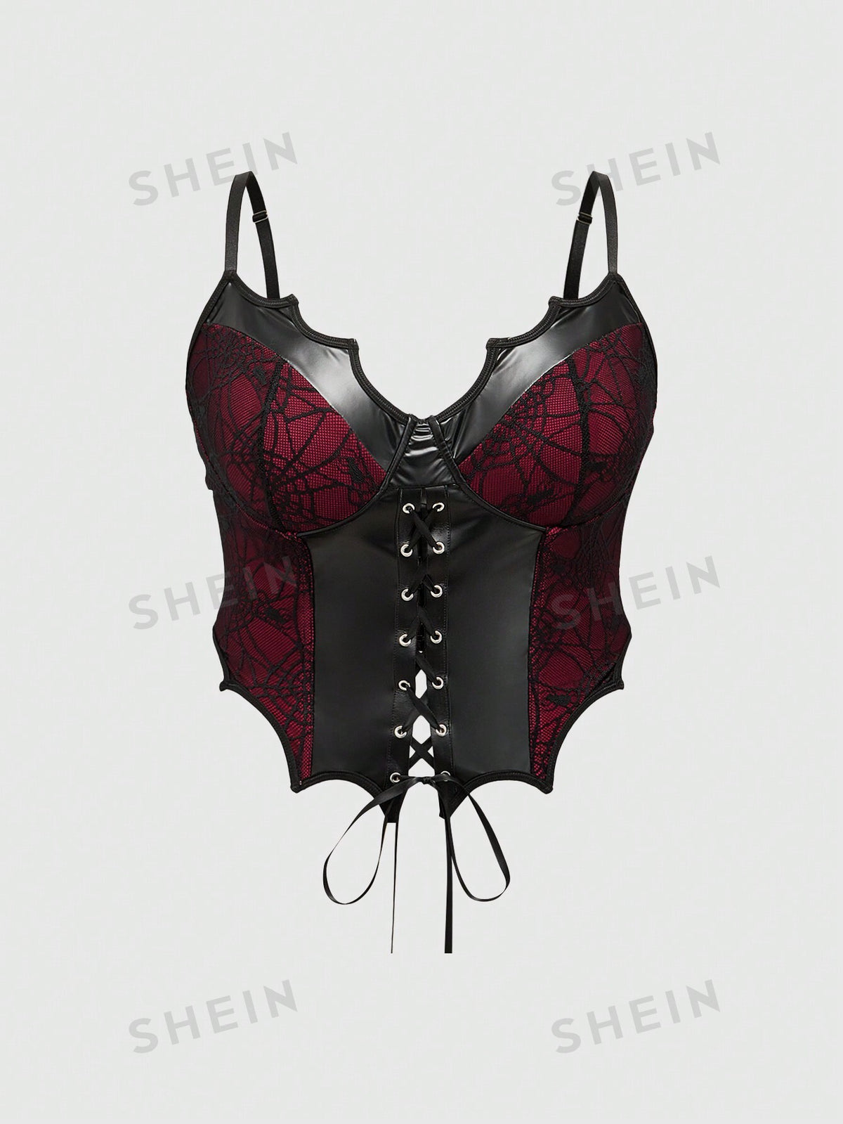 ROMWE Goth Black Sexy Y2K Lady PU Leather Splicing Spider Net Lace Bat-Shaped Black And Red Color Block Plus Size Corset With Underwire