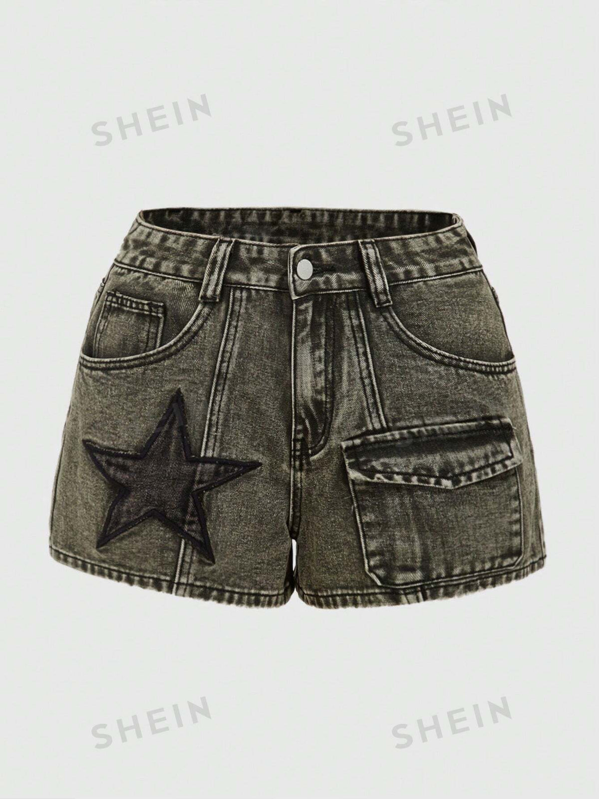 ROMWE Grunge Punk Plus Size Summer Daily Casual Patchwork Star Embroidery Workwear Denim Shorts