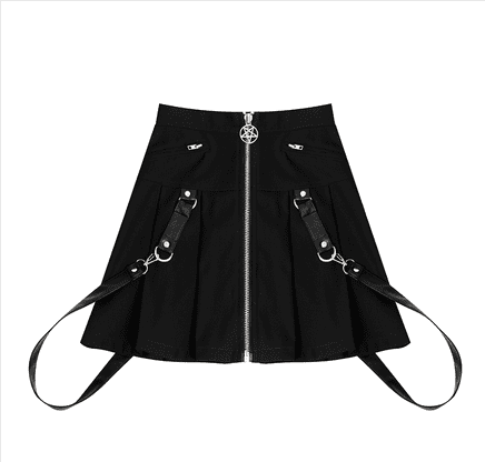 Dark black punk detachable pu strap decorative metal five-pointed star zipper lattice skirt pleated skirt