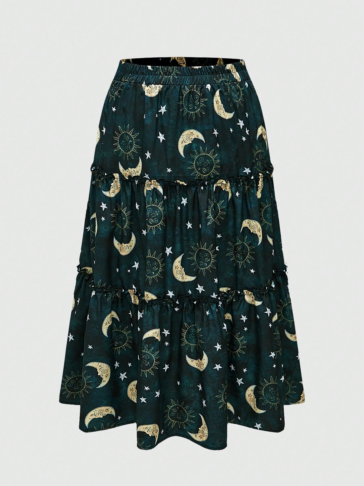 ROMWE Hippie Plus Size Women's Vacation Style Star & Moon Printed Cake A-Line Skirt