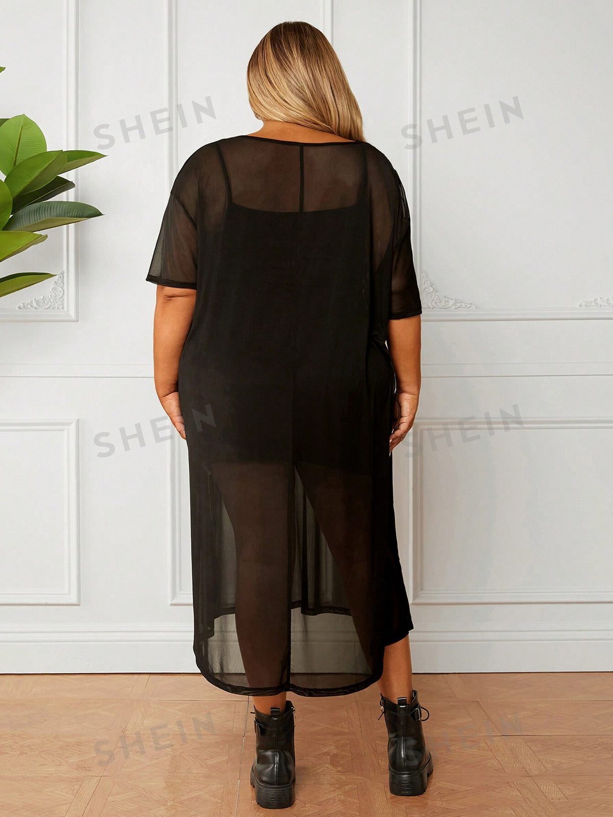 CURVE  Plus Size Sheer Black Midi Dress With High Side Slits