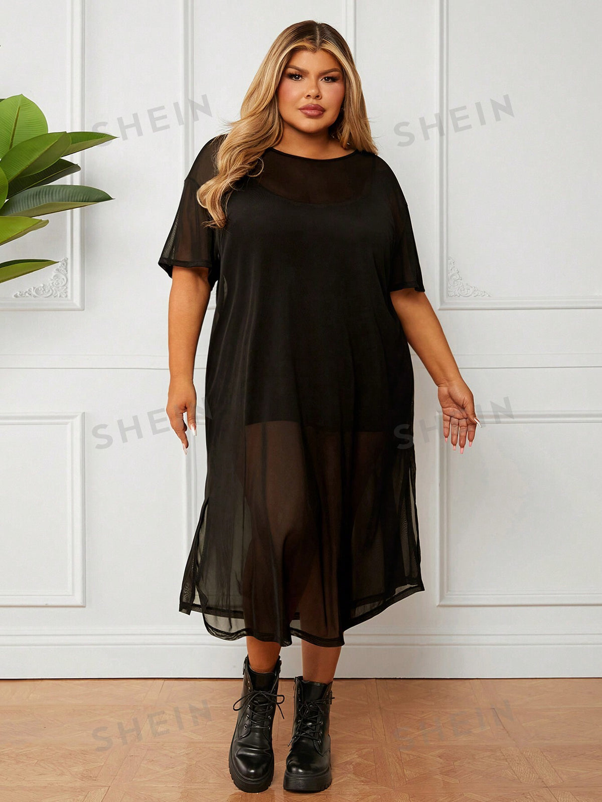 CURVE  Plus Size Sheer Black Midi Dress With High Side Slits