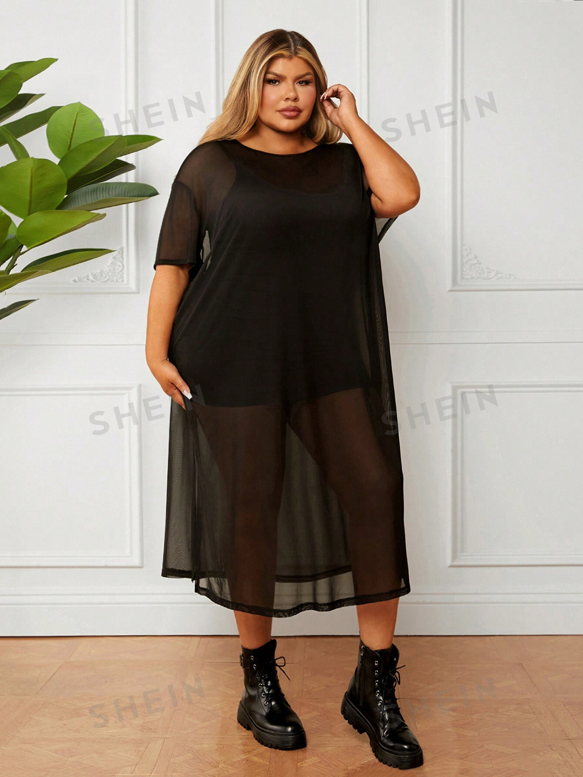 CURVE  Plus Size Sheer Black Midi Dress With High Side Slits