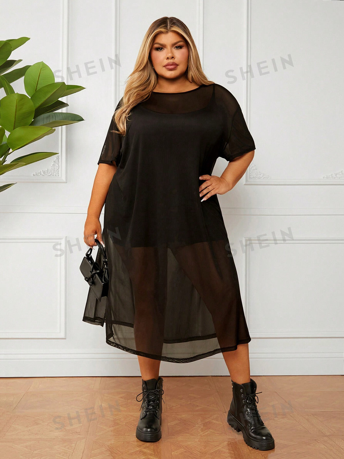 CURVE  Plus Size Sheer Black Midi Dress With High Side Slits