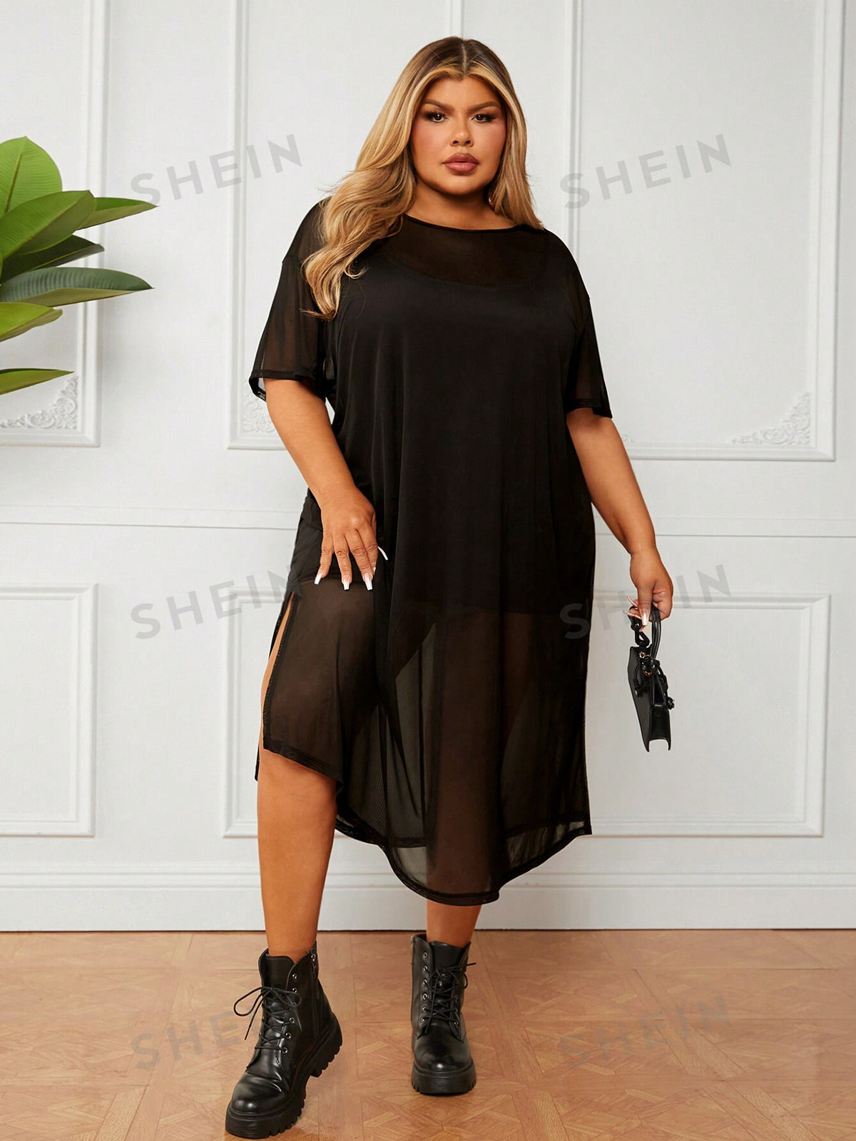 CURVE  Plus Size Sheer Black Midi Dress With High Side Slits