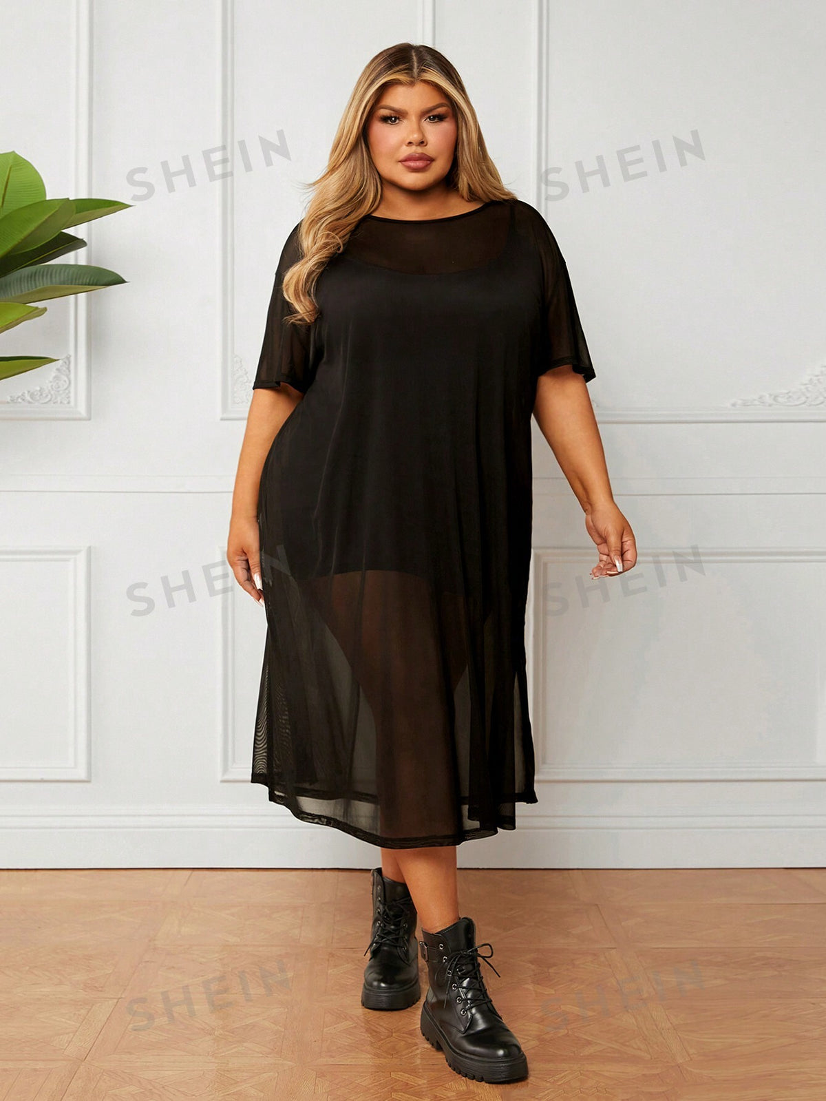 CURVE  Plus Size Sheer Black Midi Dress With High Side Slits