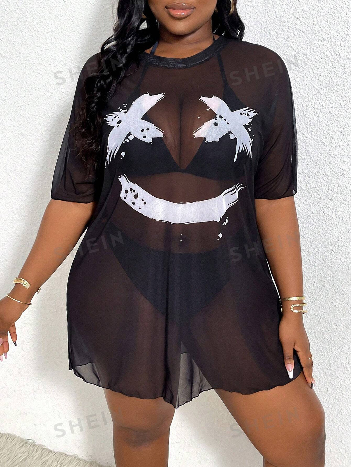 Slayr Plus Size Women's Smile Face Print Round Neck Short-Sleeved Mesh Dress