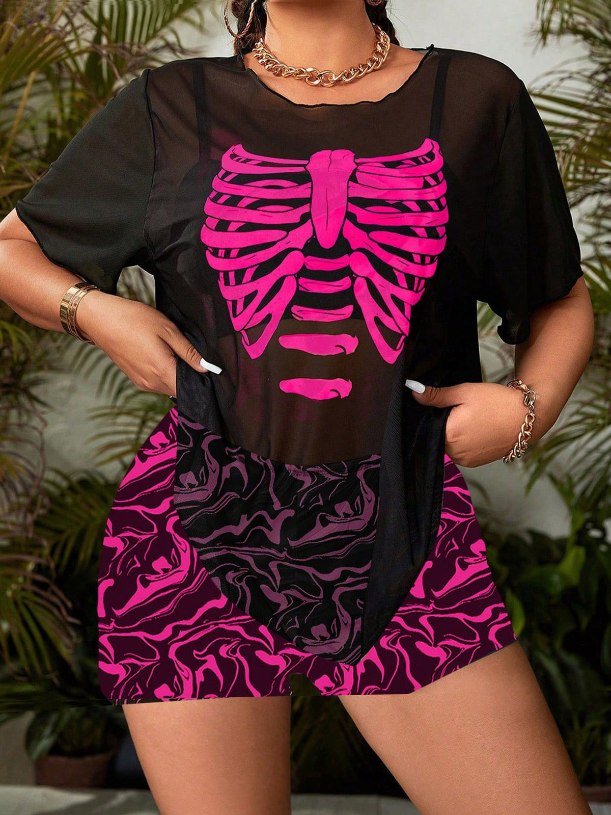 Swim Curve Plus Size Summer Beach Cami Tankini Set With Skull Print Cover-Up