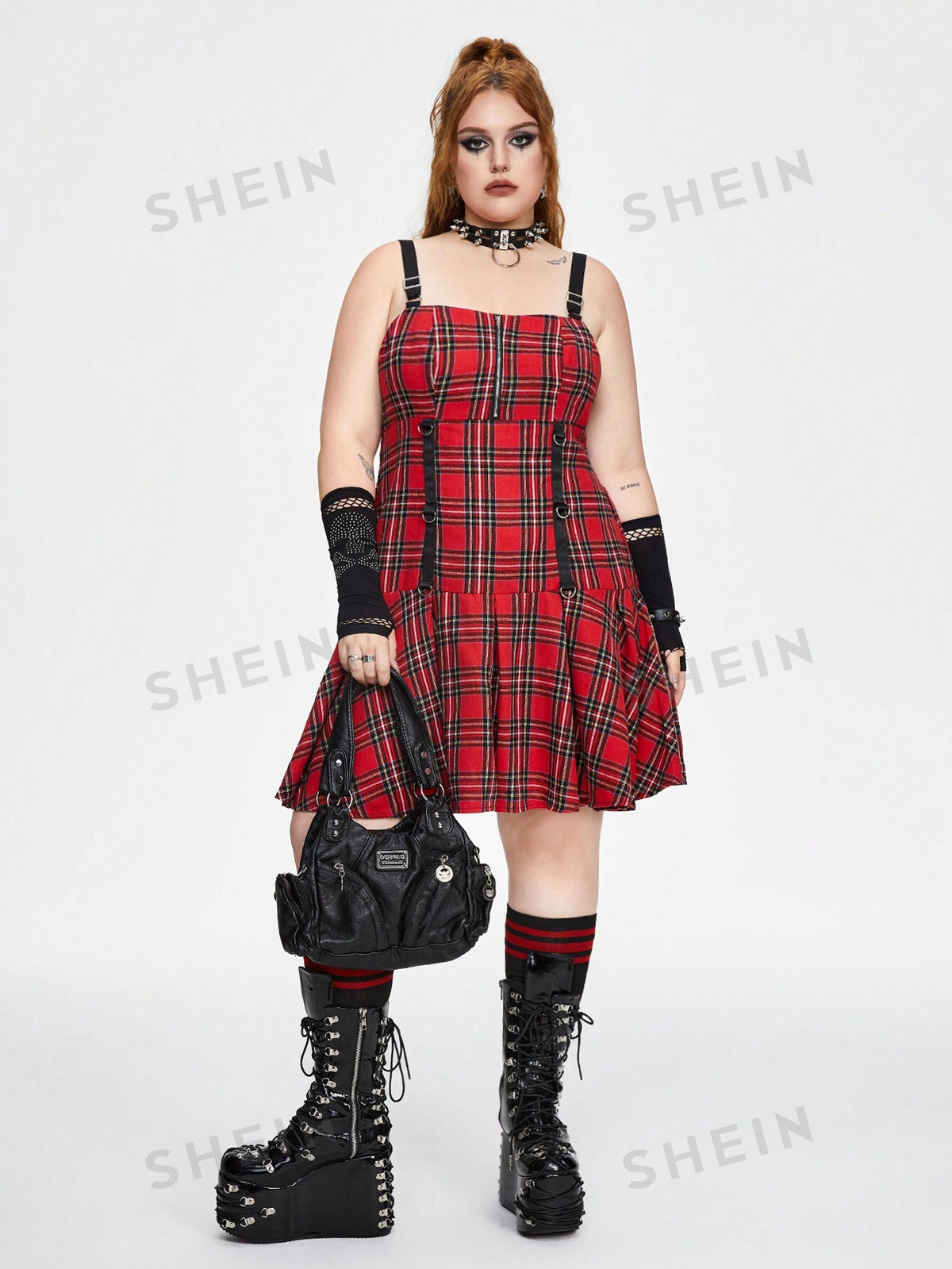 ROMWE Grunge Punk Vintage Street Style Cool Plaid Suspender Zipper Sleeveless Plus Size Dress With Woven Belt