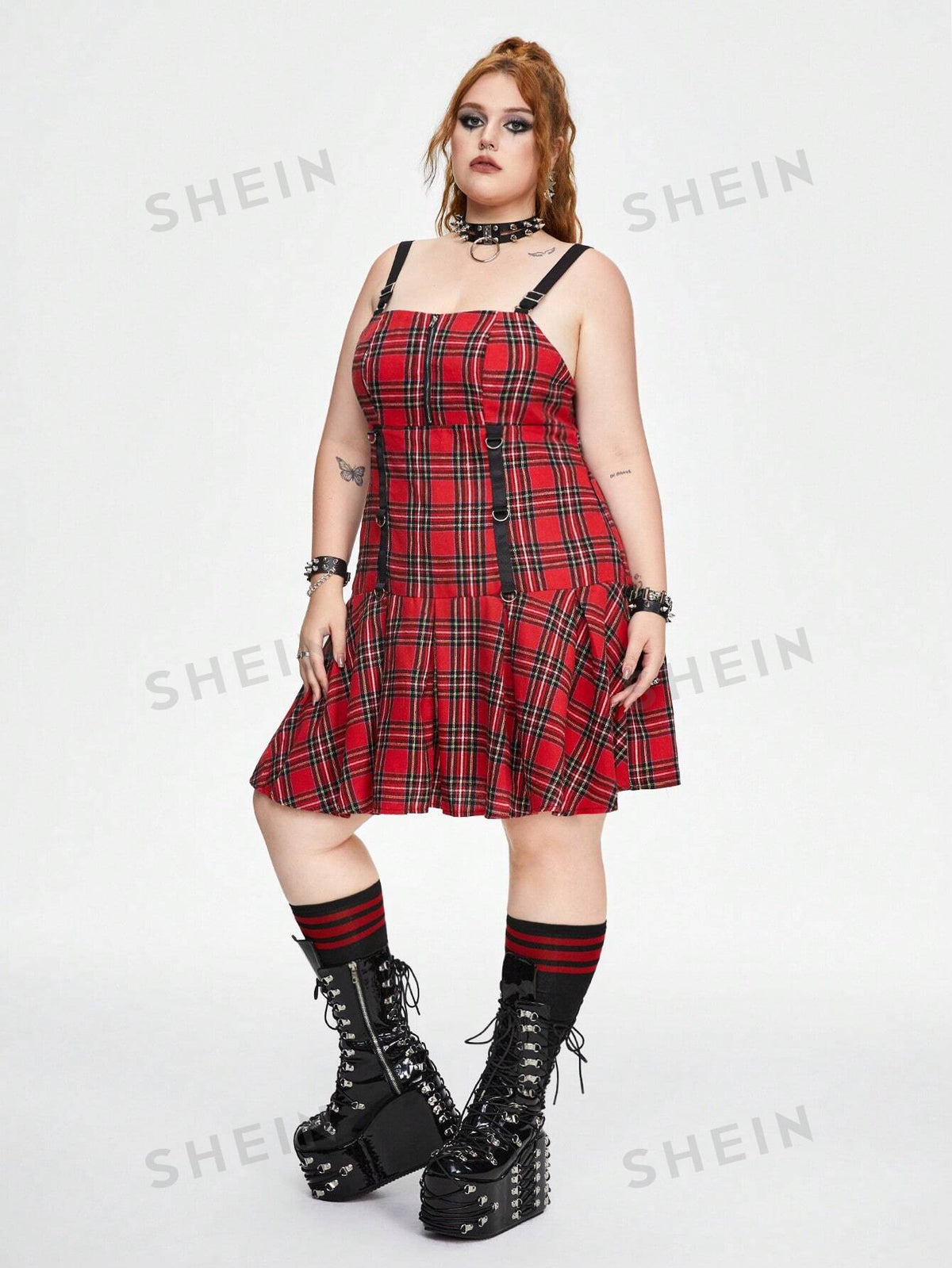 ROMWE Grunge Punk Vintage Street Style Cool Plaid Suspender Zipper Sleeveless Plus Size Dress With Woven Belt