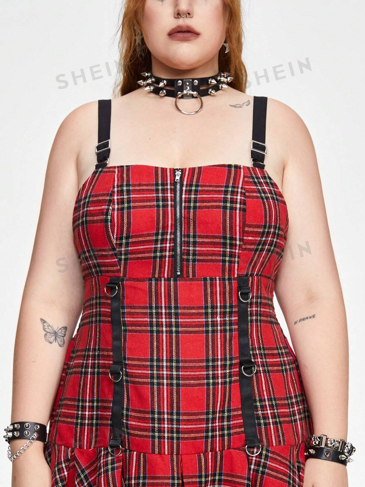 ROMWE Grunge Punk Vintage Street Style Cool Plaid Suspender Zipper Sleeveless Plus Size Dress With Woven Belt