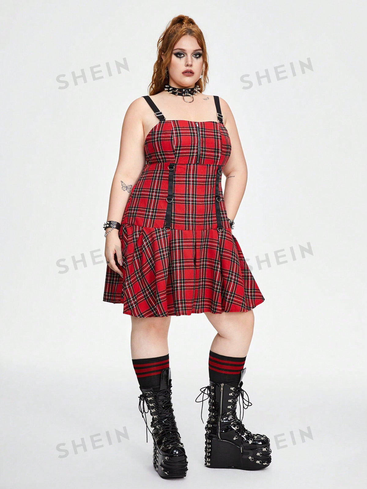 ROMWE Grunge Punk Vintage Street Style Cool Plaid Suspender Zipper Sleeveless Plus Size Dress With Woven Belt