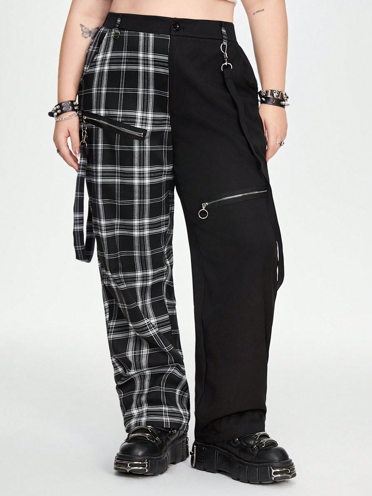 ROMWE Grunge Punk Contrast Black & White Plaid Patterned Zipper With Woven Tape Drawstring Yin Yang Plus Size Pants, School