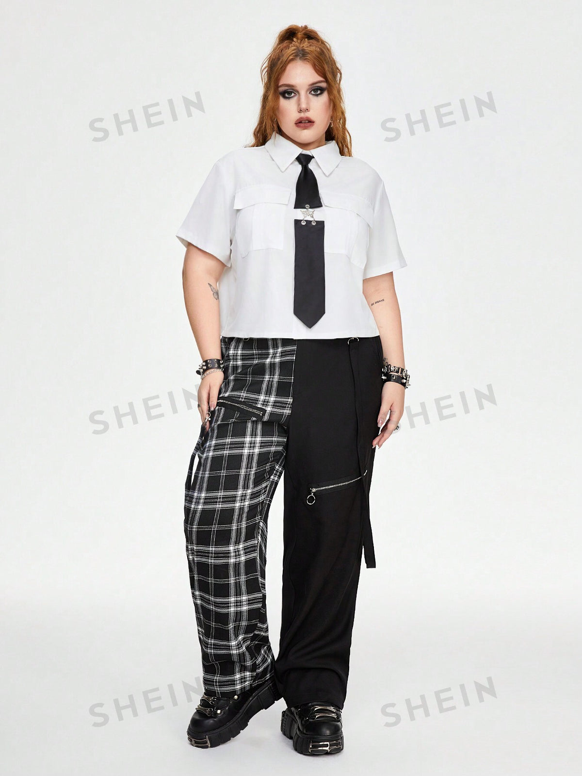 ROMWE Grunge Punk Contrast Black & White Plaid Patterned Zipper With Woven Tape Drawstring Yin Yang Plus Size Pants, School