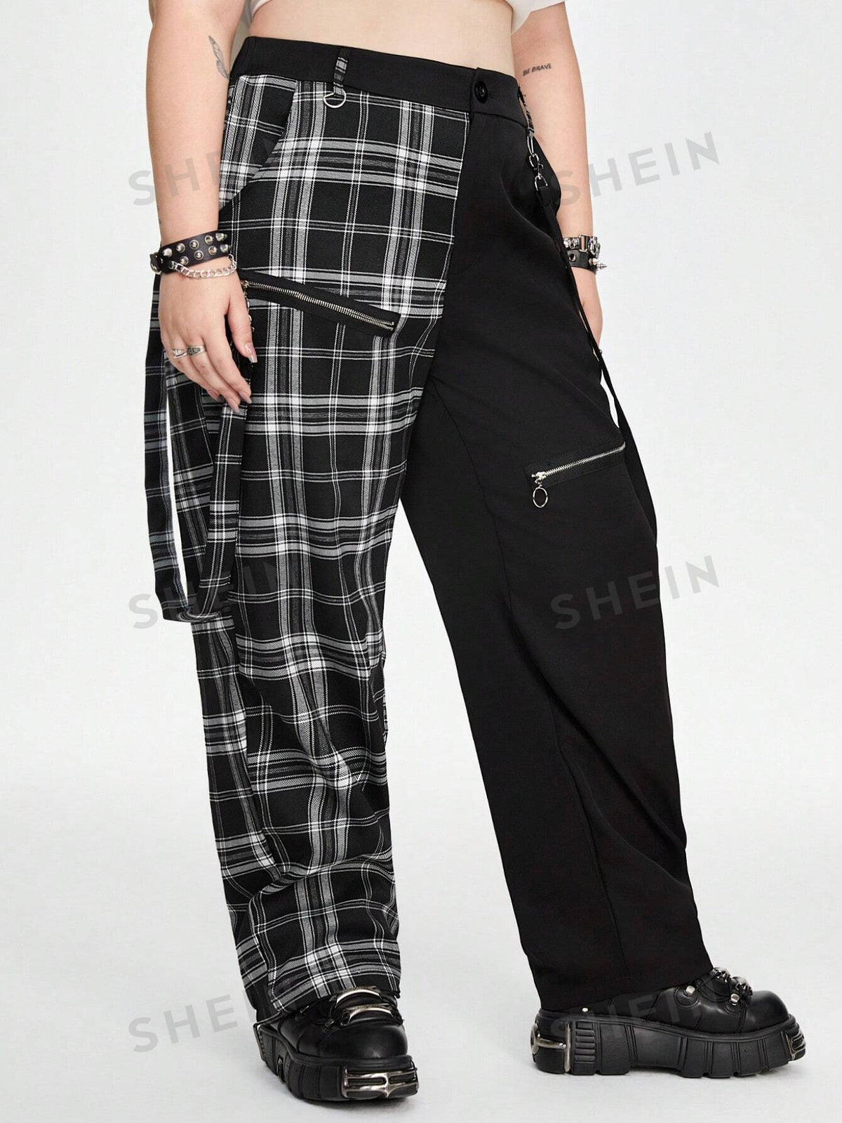 ROMWE Grunge Punk Contrast Black & White Plaid Patterned Zipper With Woven Tape Drawstring Yin Yang Plus Size Pants, School