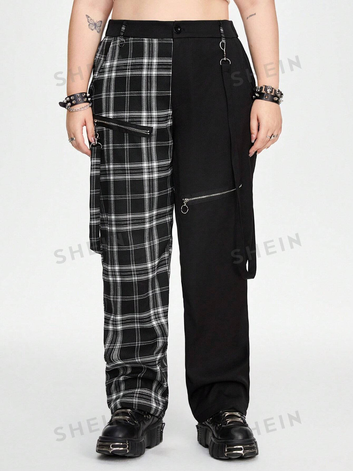 ROMWE Grunge Punk Contrast Black & White Plaid Patterned Zipper With Woven Tape Drawstring Yin Yang Plus Size Pants, School