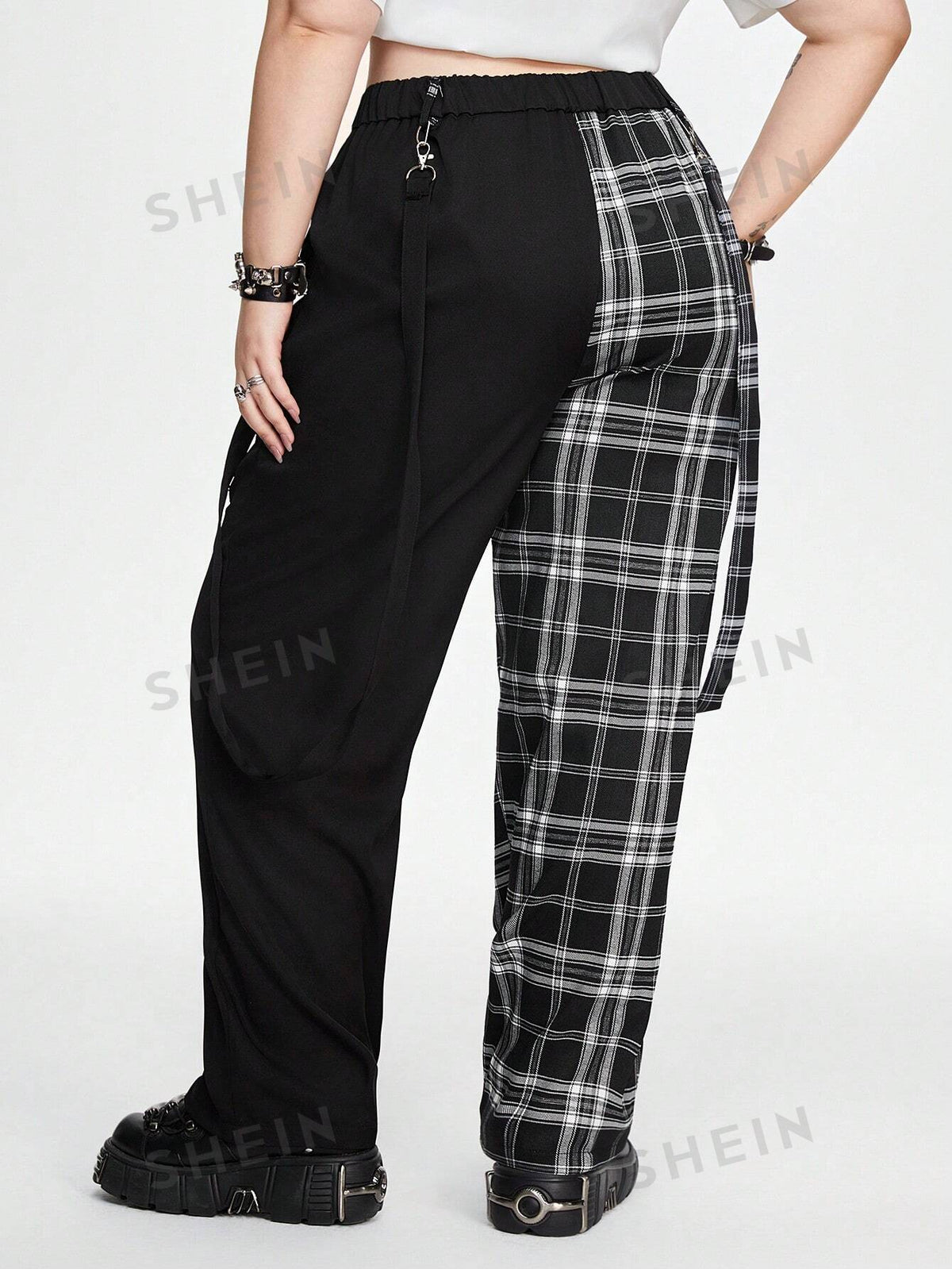 ROMWE Grunge Punk Contrast Black & White Plaid Patterned Zipper With Woven Tape Drawstring Yin Yang Plus Size Pants, School