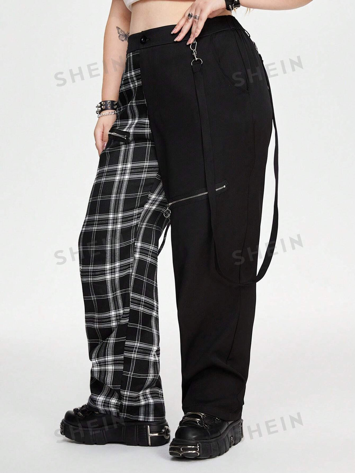 ROMWE Grunge Punk Contrast Black & White Plaid Patterned Zipper With Woven Tape Drawstring Yin Yang Plus Size Pants, School