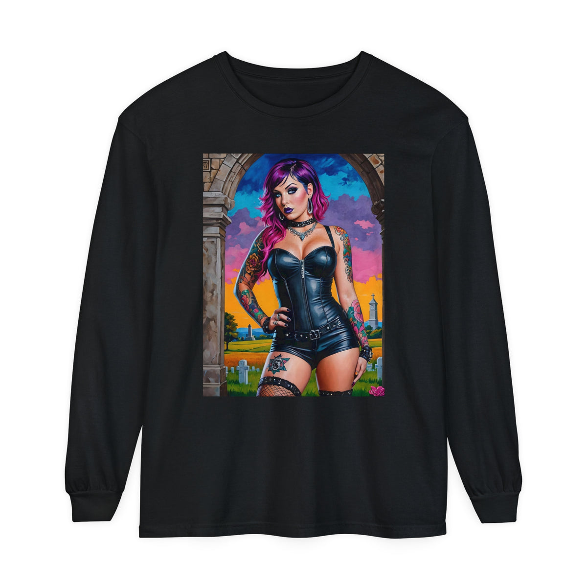 Goth Graveyard Girl Series - Design Three - Unisex Garment-dyed Long Sleeve T-Shirt