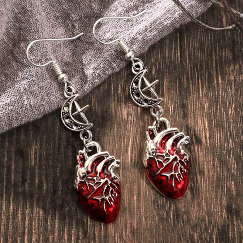 Gothic Beating Heart Crescent Cross Earrings