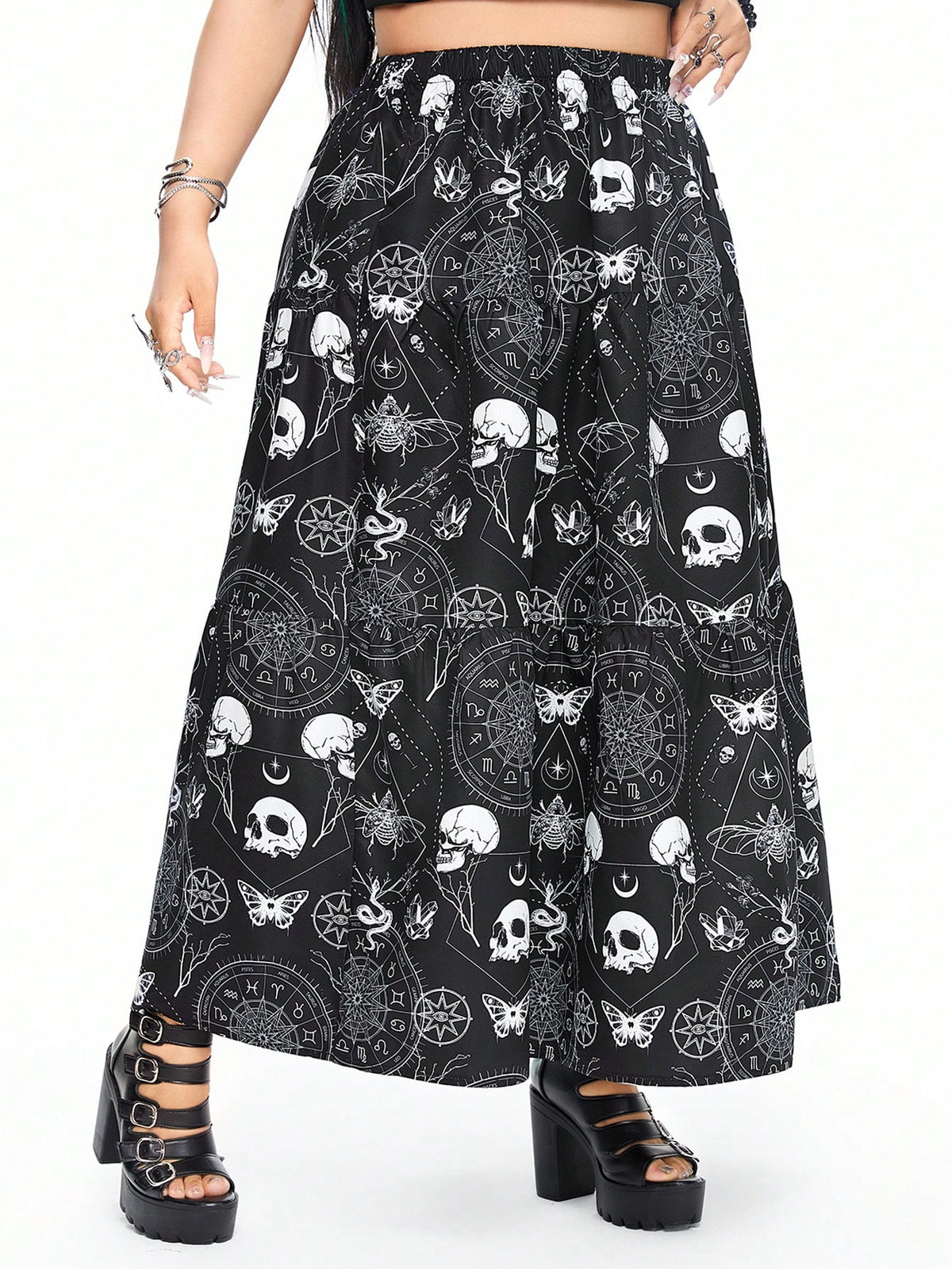 ROMWE Goth Dark Gothic Cosmic Star Printed Skull Full-Skirted A-Line Plus Size Skirt, Slimming And Covering