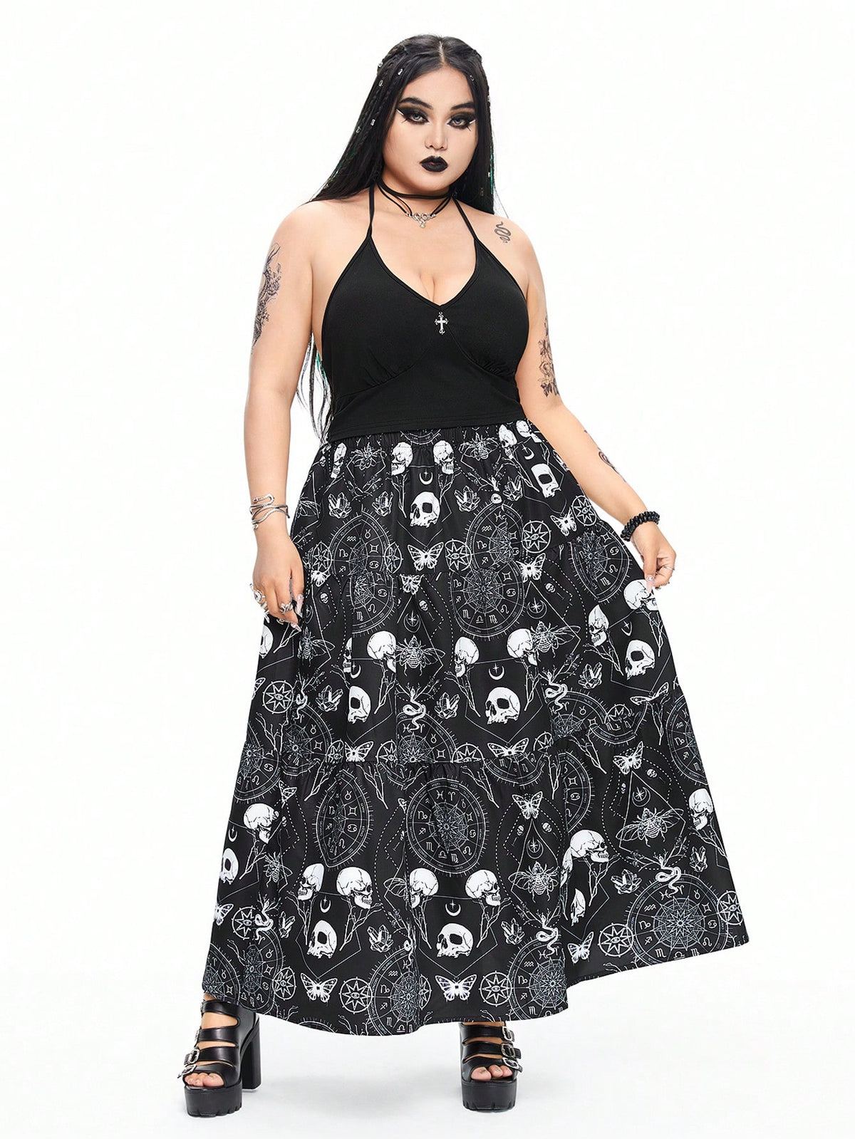 ROMWE Goth Dark Gothic Cosmic Star Printed Skull Full-Skirted A-Line Plus Size Skirt, Slimming And Covering