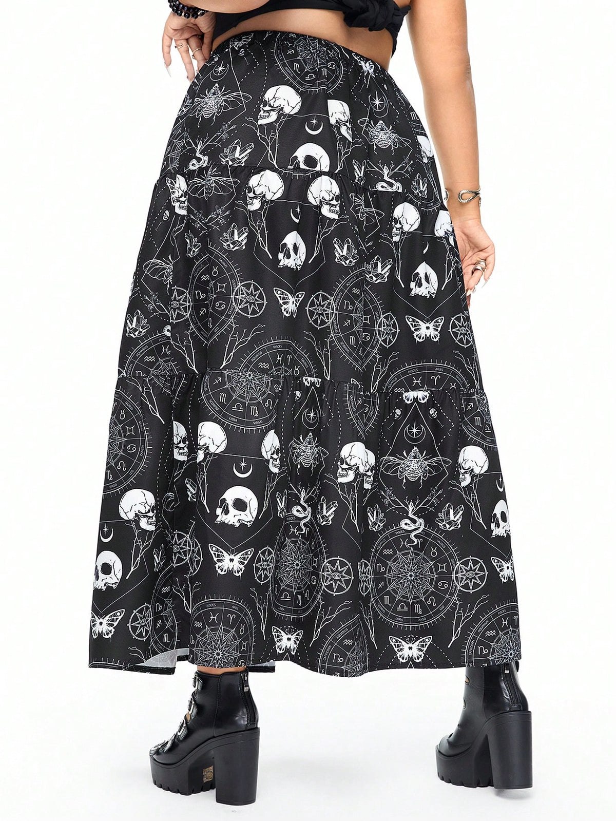 ROMWE Goth Dark Gothic Cosmic Star Printed Skull Full-Skirted A-Line Plus Size Skirt, Slimming And Covering