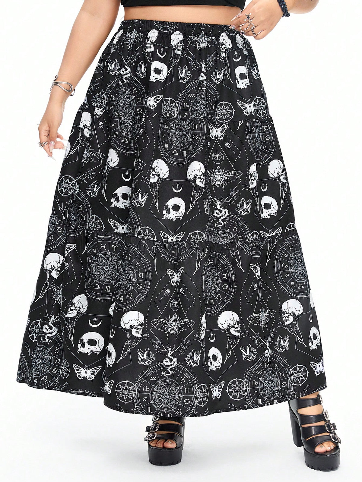 ROMWE Goth Dark Gothic Cosmic Star Printed Skull Full-Skirted A-Line Plus Size Skirt, Slimming And Covering