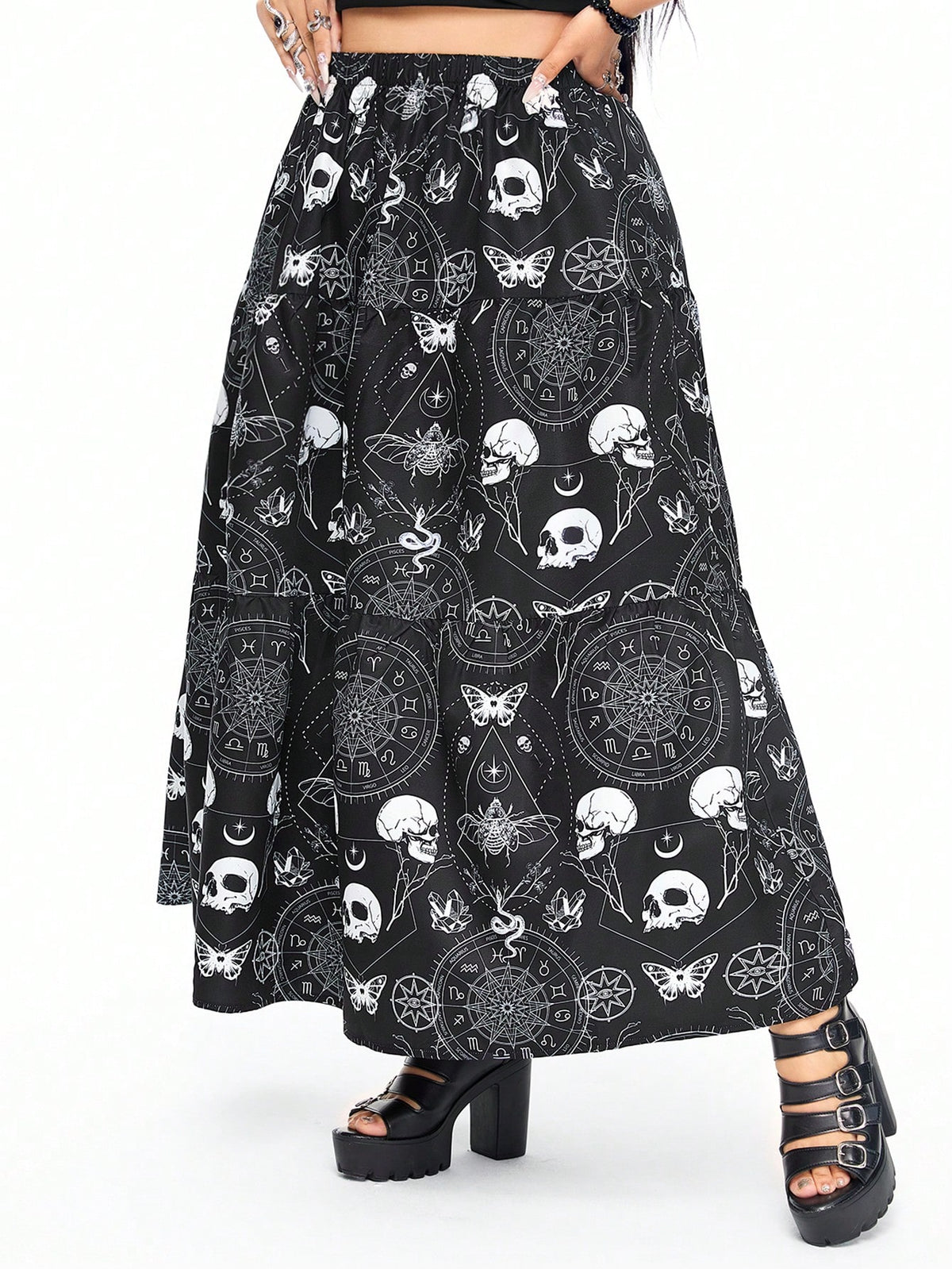 ROMWE Goth Dark Gothic Cosmic Star Printed Skull Full-Skirted A-Line Plus Size Skirt, Slimming And Covering