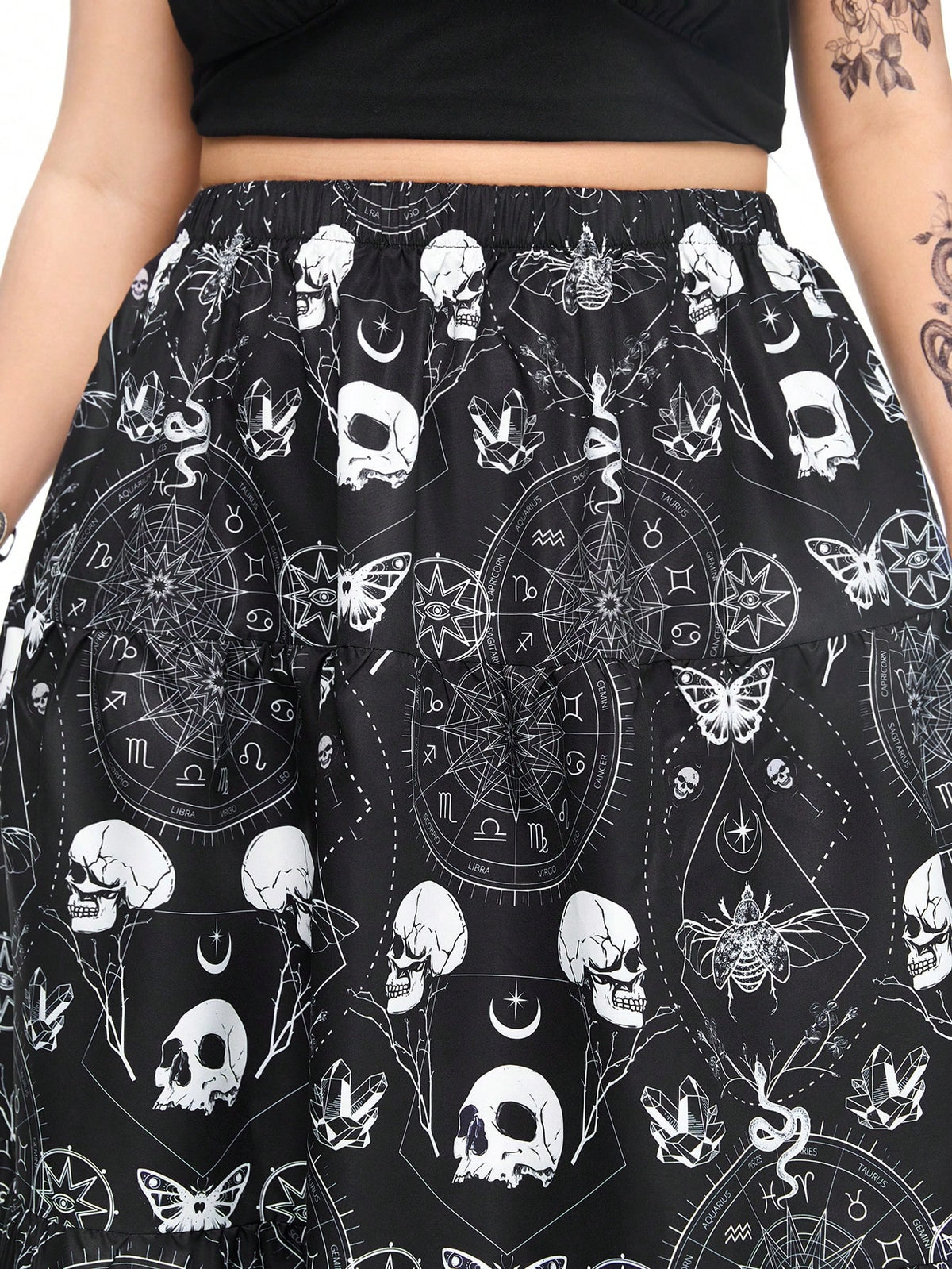 ROMWE Goth Dark Gothic Cosmic Star Printed Skull Full-Skirted A-Line Plus Size Skirt, Slimming And Covering