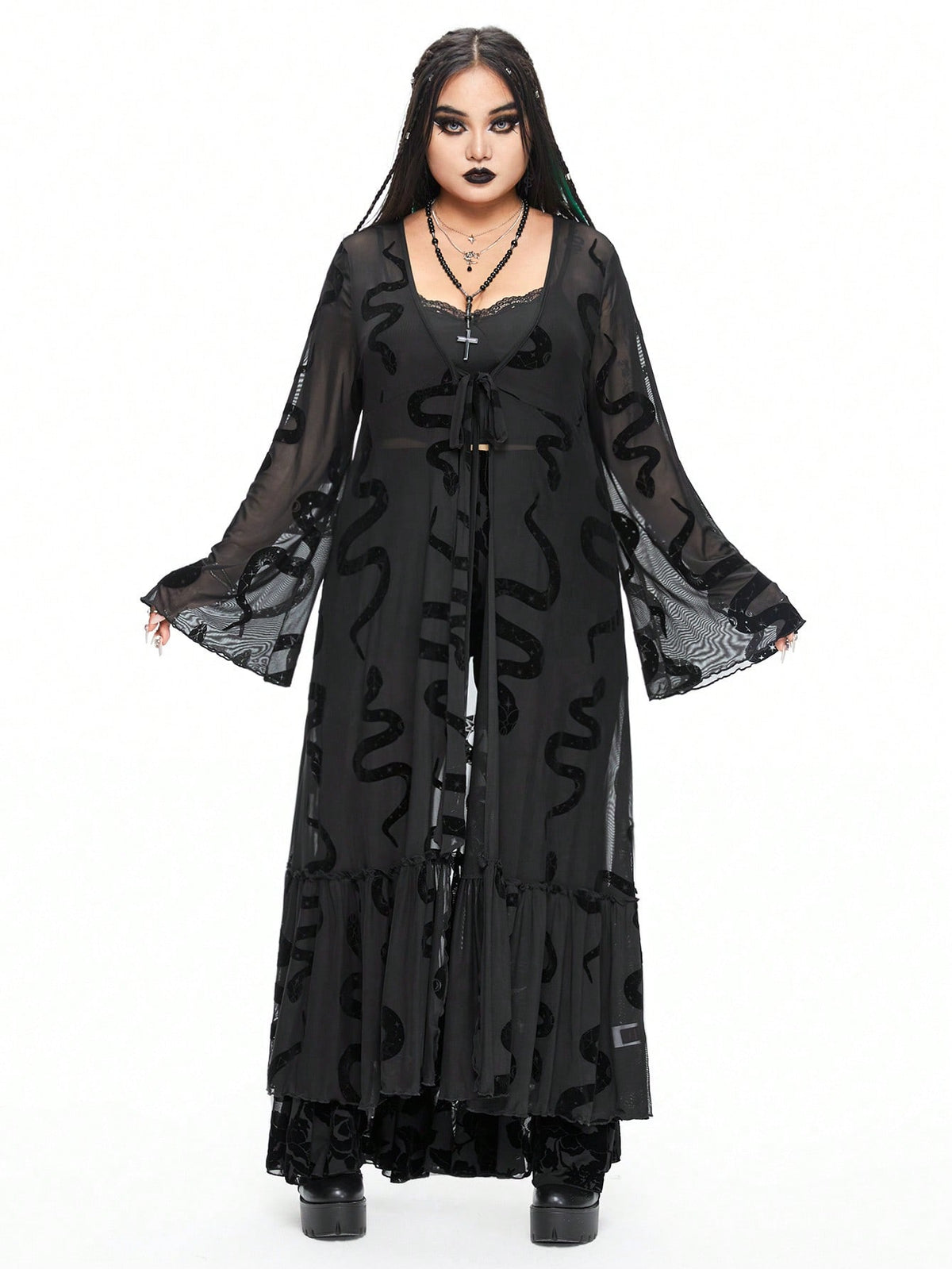 ROMWE Goth Black Gothic Mesh Snake Pattern Flocked Plus Size Women's Long See-Through Cardigan