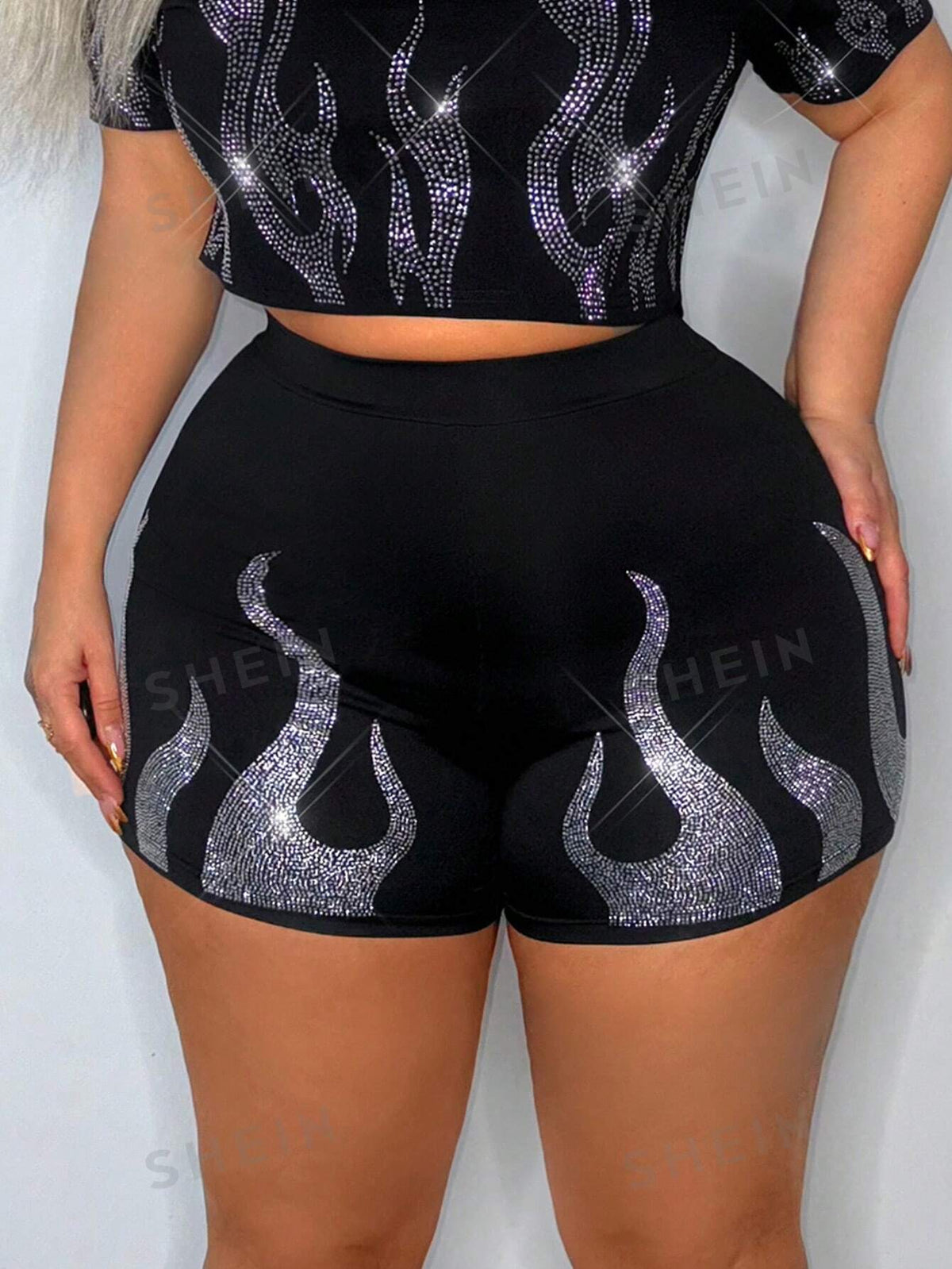 SXY Concert Music Festival Outfits Women's Sexy Flame & Rhinestone Tight Shorts