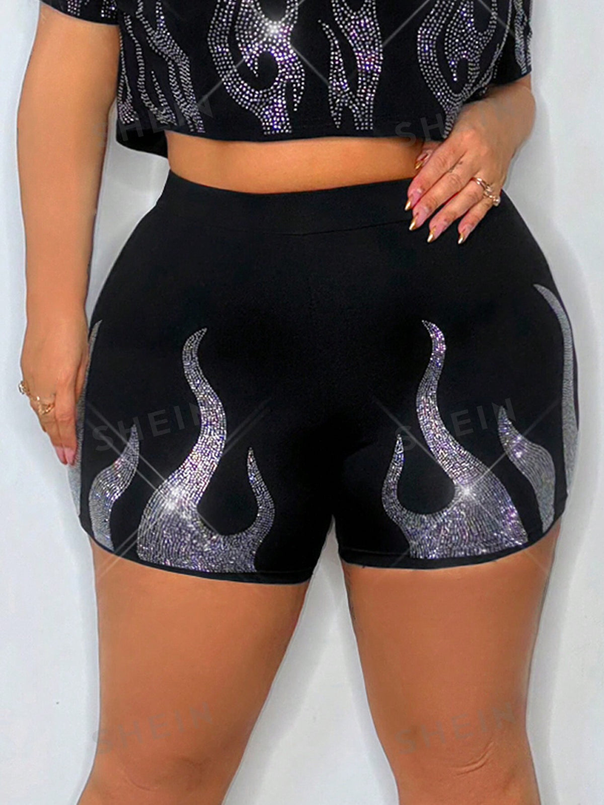 SXY Concert Music Festival Outfits Women's Sexy Flame & Rhinestone Tight Shorts