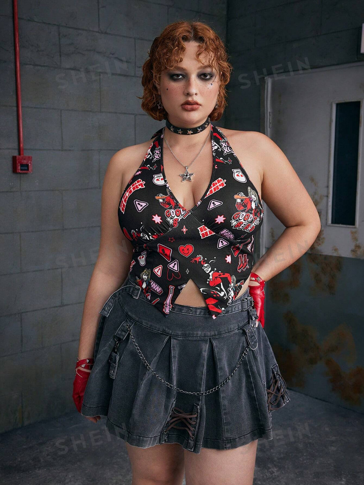 Harley Quinn X  Plus Size Cool Dark Loose Knitted Heart & Cartoon Print Summer Halter Top